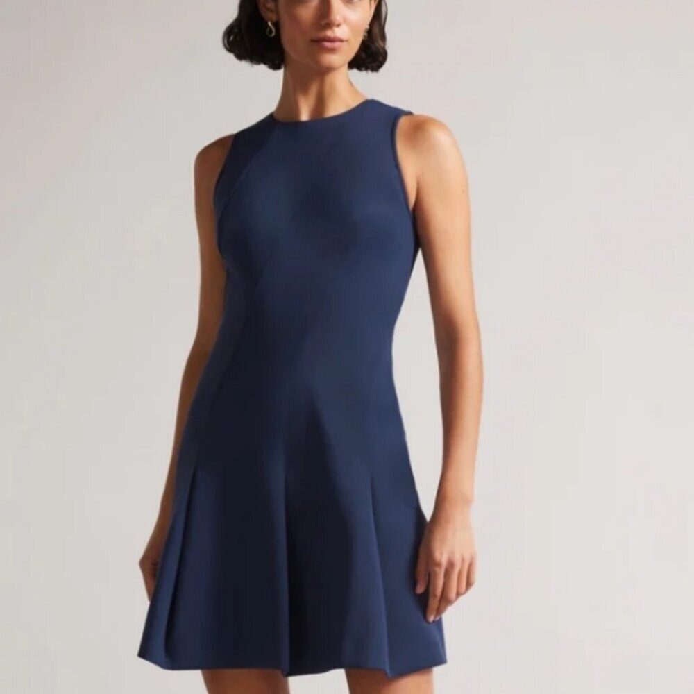 NWT Ted Baker Dark Navy Plain Neoprene Fit & Flare Skater Dress, Size 3 (US 8)